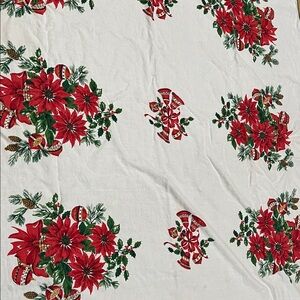Vtg Christmas Tablecloth Poinsettias Bells Shiny Brite Ornaments Holly 41.5x54.5